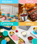 Assorted scenes showing Six Pack Two Point Four Ounce Stainless Steel Dressing Containers with Silicone Lids in various uses.