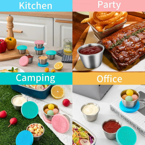 Assorted scenes showing Six Pack Two Point Four Ounce Stainless Steel Dressing Containers with Silicone Lids in various uses.
