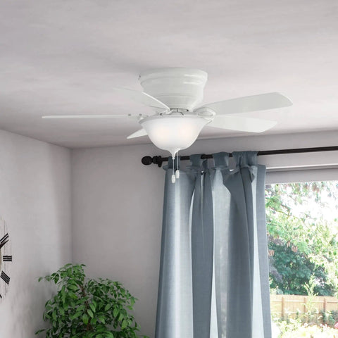 Low Profile 48 Inch White Ceiling Fan With LED Light Kit And Pull Chain Whisper Wind Motor For Quiet Operation visible in living room