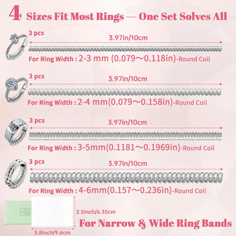 Invisible Ring Size Adjusters For Loose Rings, 12 Pack Clear Ring Guards, various sizes for ring widths up to 6mm
