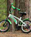 Child's bicycle with Colorful 315 Piece Bike Wheel Spoke Beads Kit With Star Heart And Sphere Shapes on forest trail