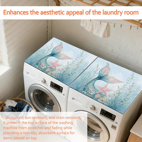 Starfish Coral Mermaid Theme Washing Machine Top Cover And Dryer Pad, Anti Slip Absorbent Protector Mat on washer and dryer