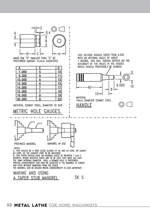 Book page: Metal Lathe for Home Machinists, black-and-white lathe diagrams with dimensions (handle, mandrel, gauges).