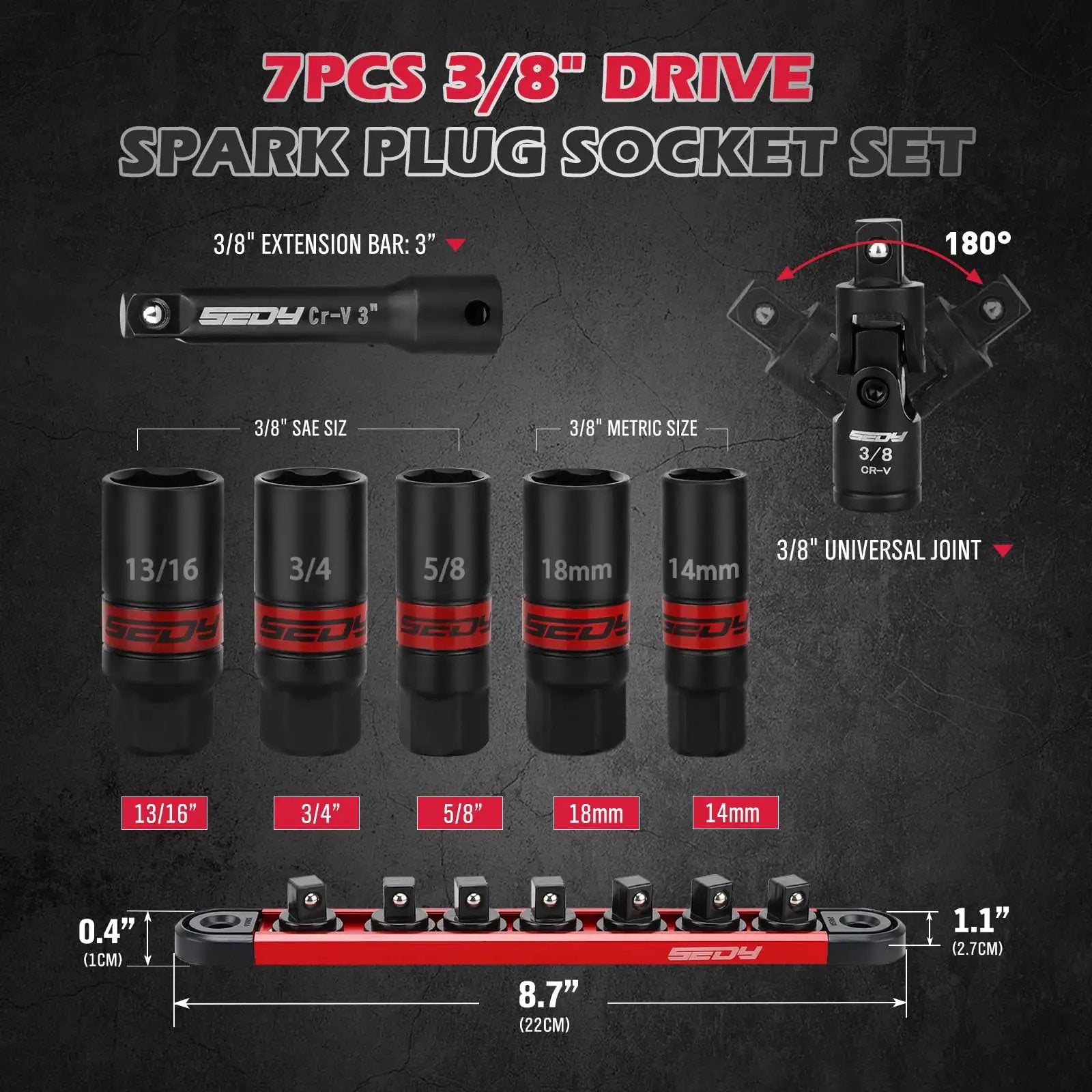 Eight Piece Spark Plug Socket Set with Magnetic Rail ✓