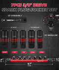 Eight Piece Three Eighths Inch Drive Spark Plug Socket Set With Magnetic Rail SAE And Metric Sizes Five Eighths Inch Three Quarter Inch Thirteen Sixteenths Inch Fourteen Millimeter Eighteen Millimeter Extension Bars And Universal Joint shown with dimensions.