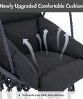 Close-up of cushioned seat on heavy duty hanging swing chair with stand included for outdoor chill sessions, dark grey, 400 lbs capacity.