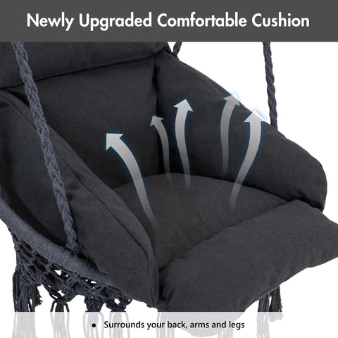 Close-up of cushioned seat on heavy duty hanging swing chair with stand included for outdoor chill sessions, dark grey, 400 lbs capacity.