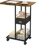 C-Shaped Side Table With Wheels And Large Wood Top, Mobile Overbed Stand With Drawer For Bed Or Sofa, Sturdy Metal Frame