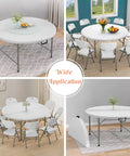 5 Ft Round Folding Table With Carrying Handle, Heavy Duty Portable Plastic Top, Sturdy Steel Legs, White, Used Indoors