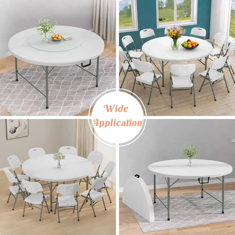 5 Ft Round Folding Table With Carrying Handle, Heavy Duty Portable Plastic Top, Sturdy Steel Legs, White, Used Indoors