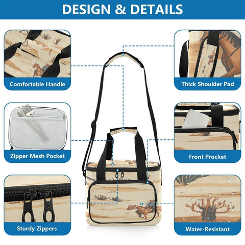 Design features of Desert Ride Insulated Lunch Bag For Outdoor Adventures, Leakproof Cooler Tote, picnic ready with pockets and zippers.