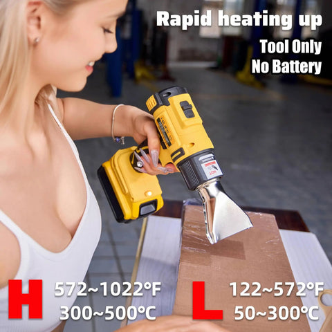 User holding Cordless Heat Gun For DeWALT 20V Battery Tool Only No Battery Included With Two Temperature Settings Up To 1022F 550C
