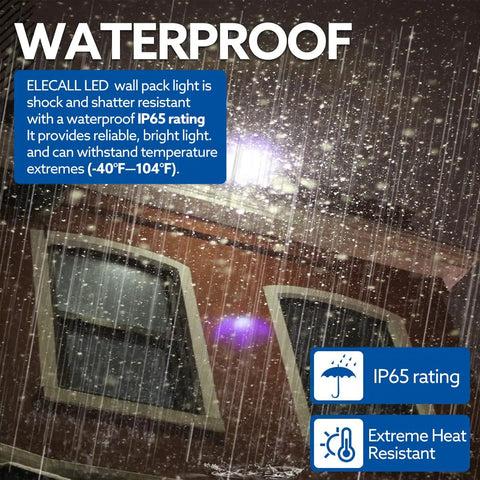 100W LED Full Cut Off Outdoor Wall Pack Light for Security and Safety, Waterproof IP65, shown in rain with durability features
