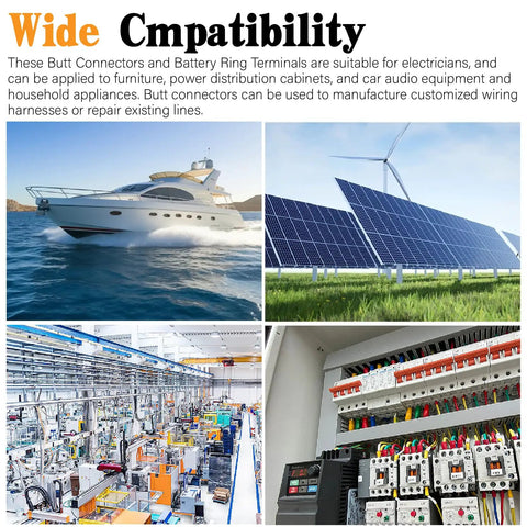 Image showing wide compatibility of butt connectors and battery ring terminals with a yacht, solar panels, factory, and control panel.
