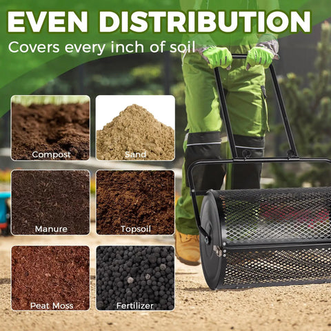 24 Inch Lawn Roller And Compost Spreader With Double Side Latches And Steel Mesh Basket For Top Dressing And Seedling Versatile Lawn Care Tool For Garden Farm Or Park Black Finish next to soil types image