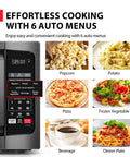 Compact Space Saver 0.9 Cu Ft Microwave Oven With 900W Power, 6 Auto Menus, LED Lighting, display showing preset menu options