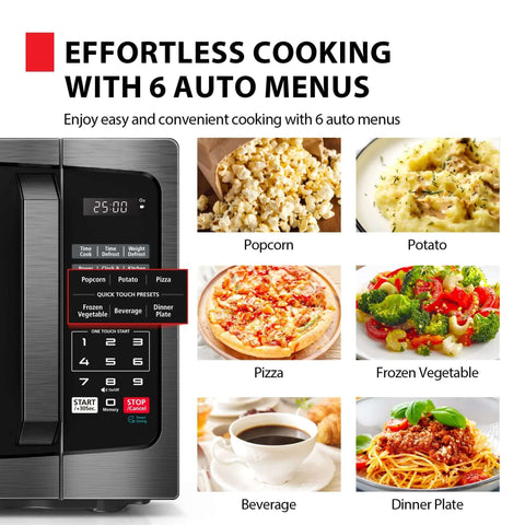 Compact Space Saver 0.9 Cu Ft Microwave Oven With 900W Power, 6 Auto Menus, LED Lighting, display showing preset menu options