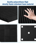 Dense 12x12 Inch Acoustic Foam Panels for Home Studio and Office Walls with hand showing texture and adhesive stickers.