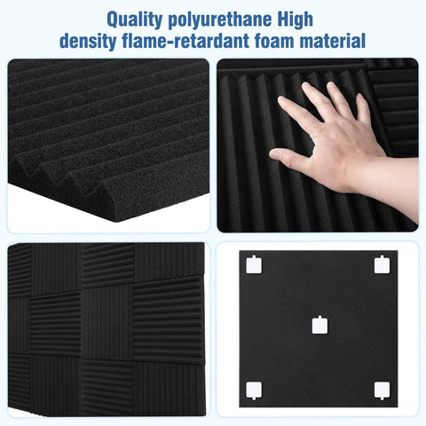 Dense 12x12 Inch Acoustic Foam Panels for Home Studio and Office Walls with hand showing texture and adhesive stickers.