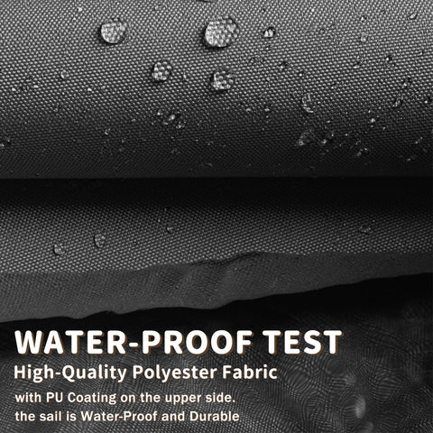 Close-up of waterproof polyester fabric with droplets, showcasing material of Waterproof Triangle Shade Sail 16ft x 16ft x 16ft Dark Grey for Outdoor Patio Garden Backyard UV Resistant, Easy Install No Fuss Setup and Custom Sizes Available for Most Setups and Patios.