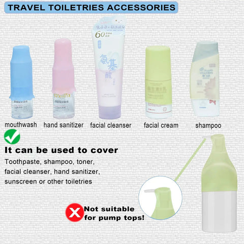 Silicone Bottle Covers 10 Pack for Travel Size Toiletries and Beach Vacay Essentials shown with various bottles.