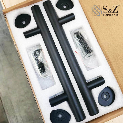 Heavy Duty 12 Inch Sliding Barn Door Handle Set In Black With Powder Coat, Round Pull For 1.38 To 1.75 Inch Doors