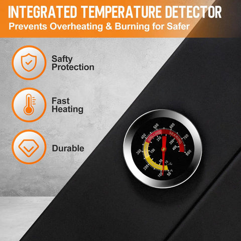 Integrated temperature detector gauge on Heavy Duty Electric PVC Pipe Heater Bender for monitoring safe heat levels.