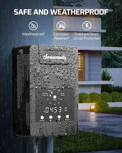120W Low Voltage Outdoor Transformer With Photocell Sensor And Timer displayed in a rainy garden, showing weatherproof design.