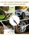 Heavy Duty Garden Power Washer Kit With Quick Connect Wand cleaning chair, car, tile, and wheel with water jet