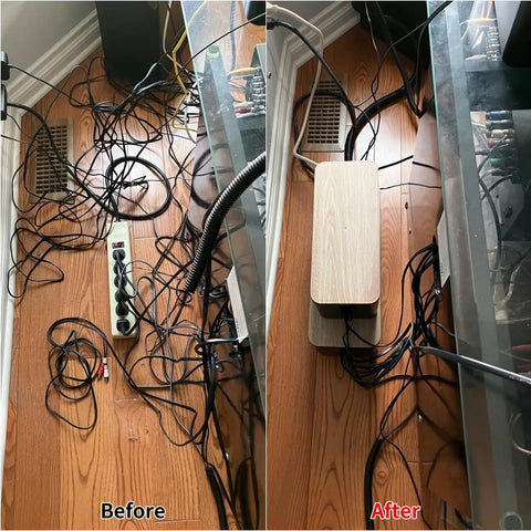 Before and after using Cable Management Kit With Three Boxes And 128 Pieces To Hide Wires Cord Organizer Set For Home And Office ABS Safe Material Large Medium Small Compartments Black