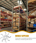 Heavy Duty Metal Safety Latch Pins For Pallet Racks And Shelving Systems, 50-Piece Set, in use in a warehouse with boxed goods on shelves.