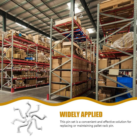 Heavy Duty Metal Safety Latch Pins For Pallet Racks And Shelving Systems, 50-Piece Set, in use in a warehouse with boxed goods on shelves.