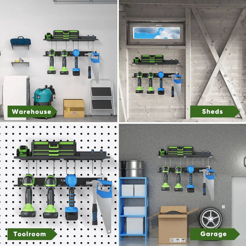 Power Tool Organizer Wall Mount With Drill Holder And Rack One Shelf And One Drill Rack Garage Ready Heavy Duty Garage Storage For Tools Accessories And Workshop Organization in warehouse, shed, toolroom, and garage settings.