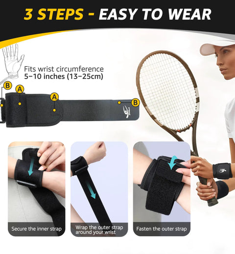 Two Pack Wrist Compression Straps For Fitness And Weight Lifting Adjustable Wrist Braces For Tendonitis Carpal Tunnel Arthritis Pain Relief Game Changing All Day Support For Men And Women Comfortable Wraps with wearing steps illustration
