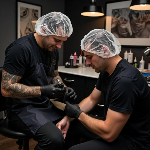 Tattoo artists wearing breathable disposable bouffant caps with elastic edge for a secure fit, latex free, in a tattoo shop