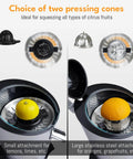 Lifetime 200 Watt Stainless Steel Electric Citrus Juicer With Lever Press Bpa Free 10 Oz Juice Cup showing two pressing cones for citrus fruits.