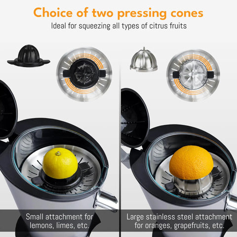 Lifetime 200 Watt Stainless Steel Electric Citrus Juicer With Lever Press Bpa Free 10 Oz Juice Cup showing two pressing cones for citrus fruits.