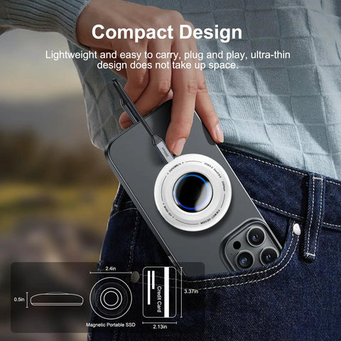 Person attaching 1TB Magnetic Portable SSD With PD 100W Fast Charging And Blazing 2050MB/s USB-C 3.2 Gen 2x2 to iPhone 16.