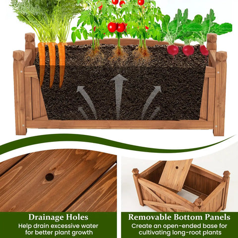 Wooden Raised Garden Bed With Drainage Holes Built Tough For Outdoor Patios And Balconies shown with removable panels and plants