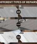 Before and after images showing repairs of scratches, holes, and discoloration using Wood Filler Kit For Furniture, Tables, Cabinets And Floors With 7 Color Touch Up Fillers To Fix Scratches, Cracks, Stains And Discoloration On Oak, Walnut, Gray And Brown Veneer Restore Wood Finish And Match Any Room.