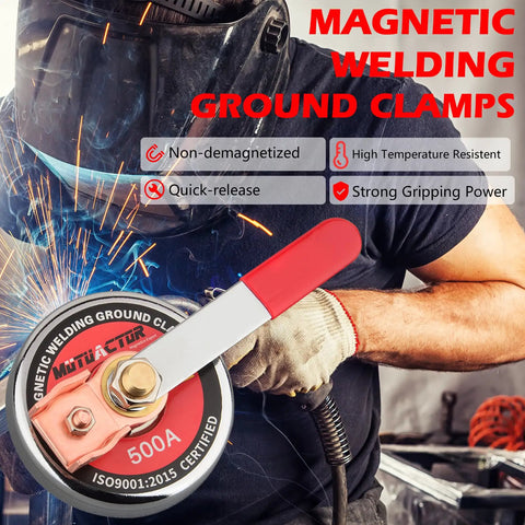 Beefy 500 Amp Magnetic Welding Ground Clamp With 3.34 Inch Quick Release Magnetic Mount in use during welding process