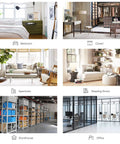 Collage of bedroom, closet, apartment, reading room, storehouse, and office interiors.