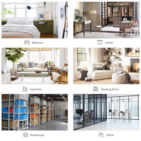 Collage of bedroom, closet, apartment, reading room, storehouse, and office interiors.
