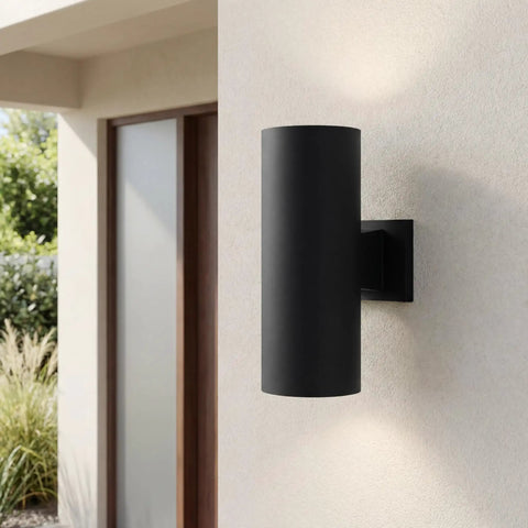 5 Inch Cylinder Outdoor LED Wall Sconce With 2 Lights Up And Down, Slick Aluminum Black Wall Mount Lighting, 3000K Warm White
