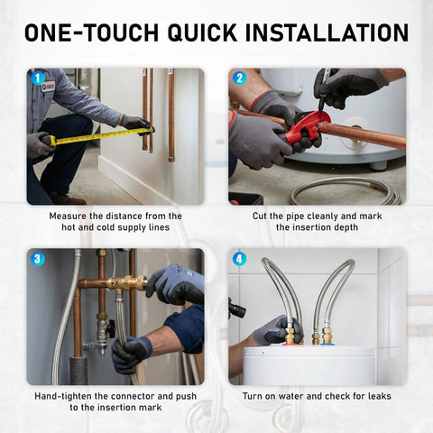Installation steps for Three Quarters Inch Flexible Water Heater Hoses Kit 24 Inch Stainless Braided Connectors