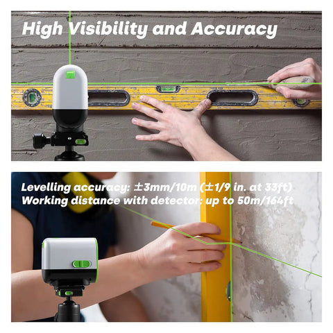 Green Laser Level With Self Leveling And Manual Mode, Horizontal And Vertical Dope Cross Line, leveling tool in use on wall