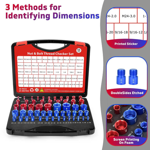 55 Piece Thread Gauge Set For Nuts And Bolts With 30 Inch Standard And 25 Metric Sizes Quick Size Check in handy open box, showing gauges.