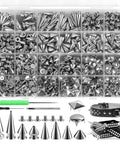 600 Piece Punk Spikes And Studs Kit For Leather Craft And DIY Clothing Includes cone spikes, pyramid studs, round studs, and tools.