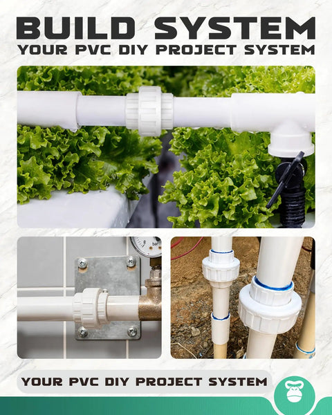 Heavy Duty One Inch PVC Union Coupling Featuring EPDM O Ring Seal For SCH 40 Pipe with lettuce background and various installations.