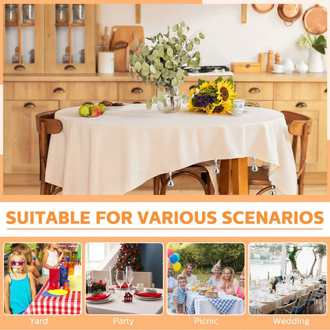 12 Pack Stainless Steel Tablecloth Weights With Clips For Outdoor Picnic Garden Patio Party Camping Dinner Table Cover Stay Put Rustproof Easy Clamp On Stabilizers shown in various settings